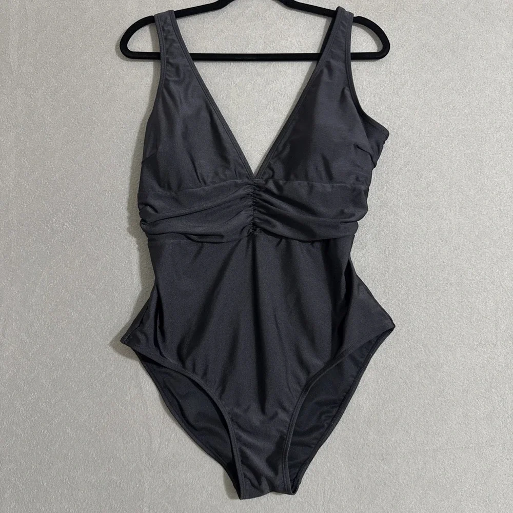 Women's Swimsuit One Piece Size 14 Black Deep V‎ Flattering Cut Your Best Look